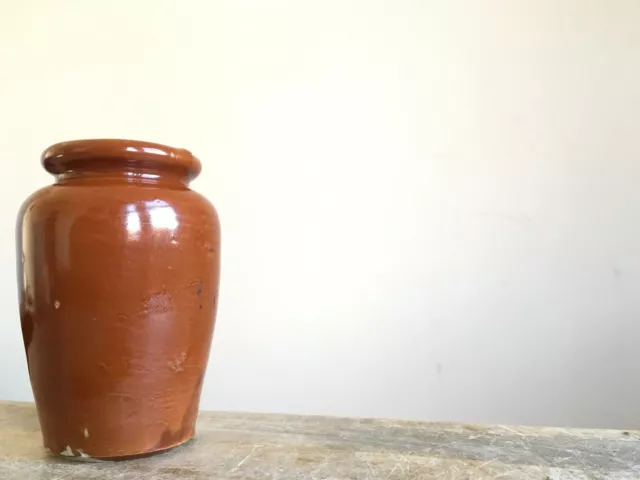 Antique Small Brown Stoneware Cream Pot Farmhouse Barn Salvage 3