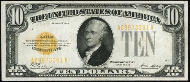 1928 $10 Ten Dollar Gold Certificate Note Fr#2400