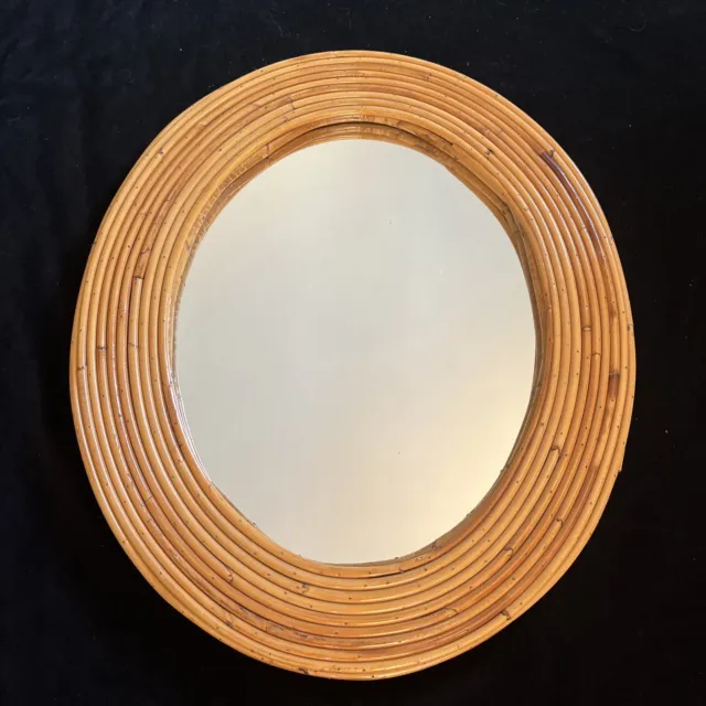 Vintage MCM Crespi Style Pencil Reed Bamboo Wrapped Oval Wall Mirror Nice Piece!