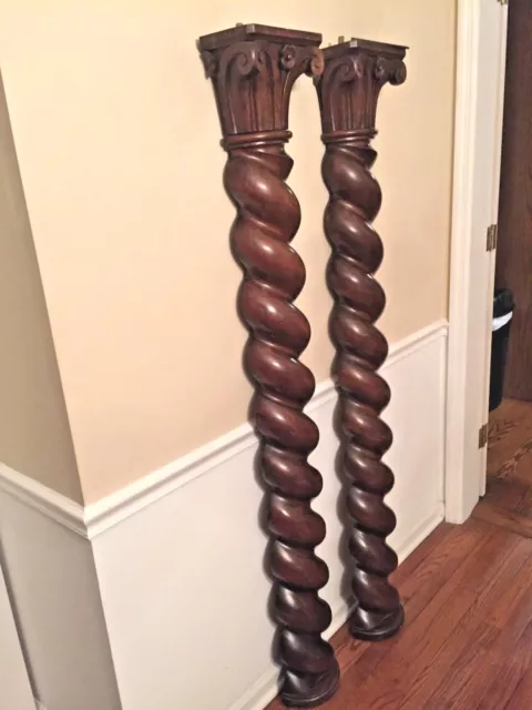 Rococo Style Carved Columns A Pair Walnut Finish Scroll & Rose Carved Rococo Style Carved Columns A Pair Walnut Finish Scroll & Rose Carved