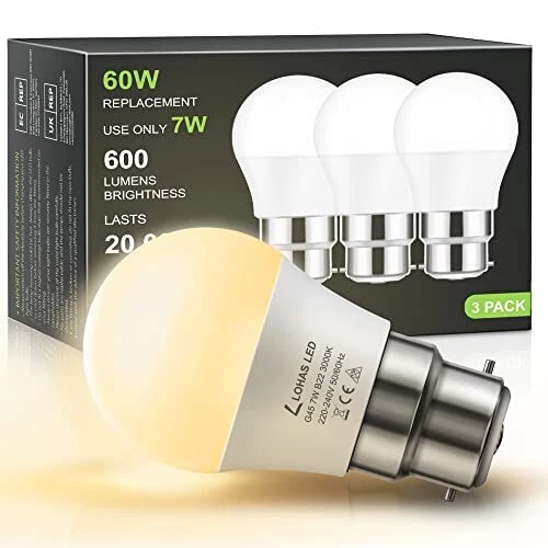 Lohas B22 LED Bajonett Glühbirnen, 7W G45 Golfball Birne, warmweiß 3000K LED