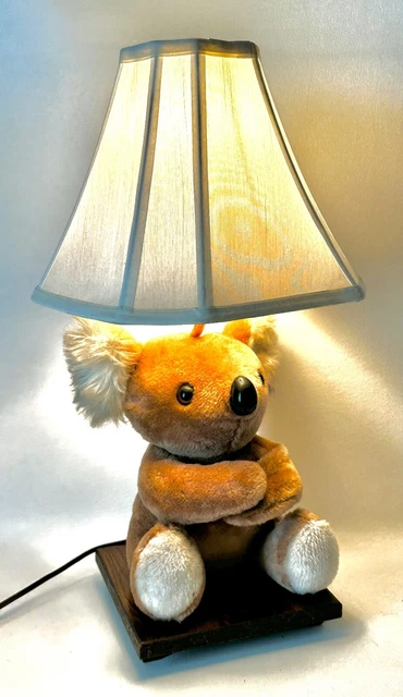 Stuffed Koala Bear Electric Tabletop Lamp & Shade Wood Base Tested 21" Tall