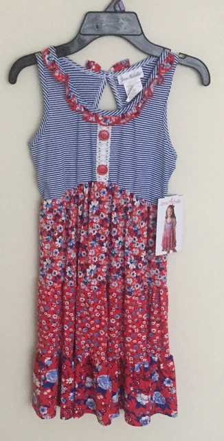 Girls Jona Michelle Age 10 Red White Blue Keyhole Back Cotton Summer Dress Bnwt