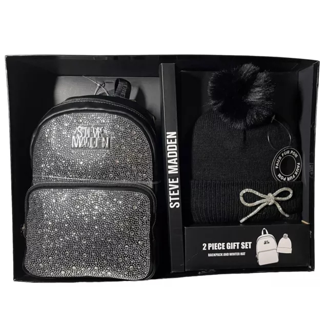 [NEW] STEVE MADDEN 2 PC GIFT SET Bling Rhinestone Backpack Bag Winter Hat Black