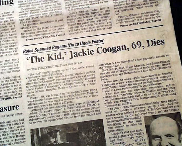 Uncle Fester The Addams Family The Kid Actor Jackie Coogan Death 1984 Newspaper