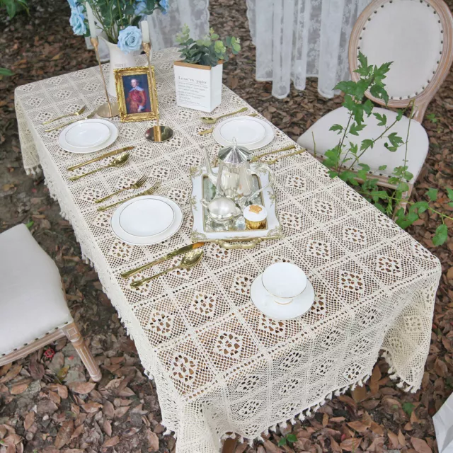 Vintage Crochet Tablecloth Tassels Rectangle Embossed Lace Table Cover Party