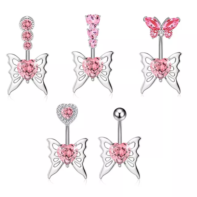 Zircon Heart Belly Button Ring For Women Stainless Steel Butterfly Navel Ring