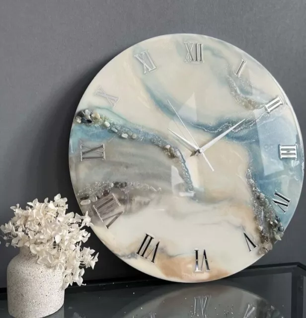 Resin Wall Clock for Home Decor White Grey and Blue Abstract modern design