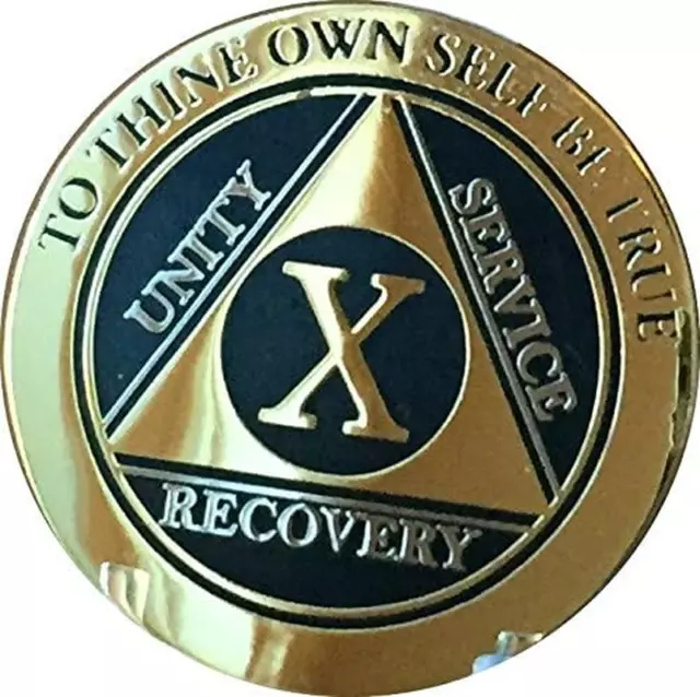 10 YEAR AA Medallion Elegant Black Gold Silver Bi-Plated Alcoholics ...
