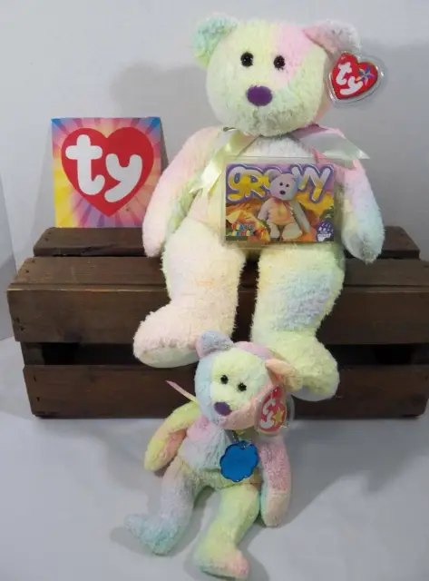 ~TY Beanie Baby~ 1999 GROOVY Tie Dye Bear Errors, Buddy & Engraved Name Tag