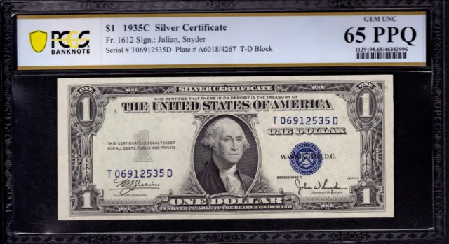 1935 C $1 Silver Certificate Note Td Block Fr 1612 Pcgs B Gem Unc 65 Ppq
