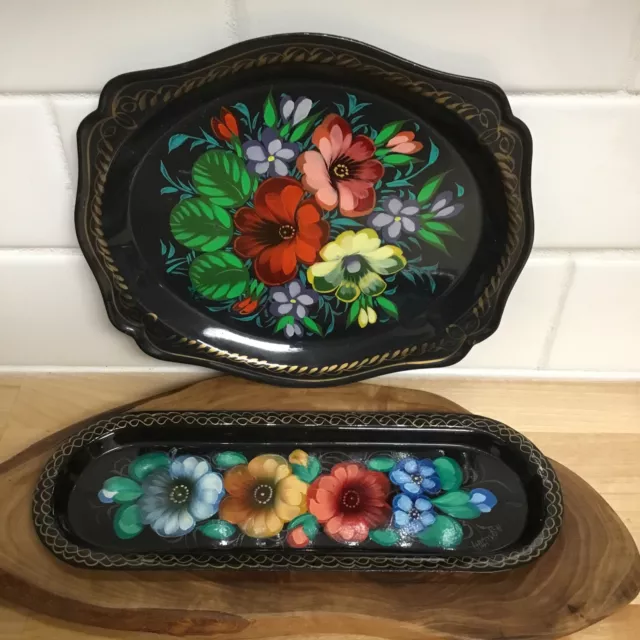 Vintage Metal Tole Painted Trays Black Small Trinket Vanity Set Handpainted 2 pc