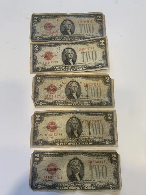 Lot Of 5 1928 US Two Dollar US Note Red Seal $2 Bill US CURRENCY Bank Notes
