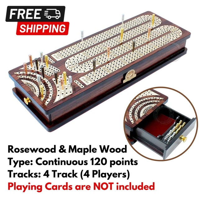4 TRACK CONTINOUS Cribbage Board Wooden Box Game Set Metal Pegs with