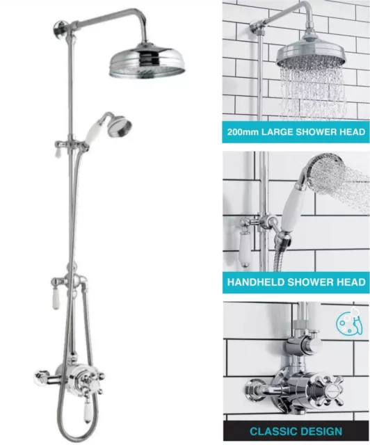 Traditional Thermostatic Mixer Shower Set Round Chrome Crosshead Exposed Valve