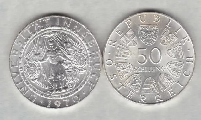 Austria 1970 Innsbruck Silver 50 Schillings Coin In Near Mint Condition