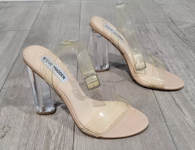 STEVE MADDEN Teena Nude Clear PVC Lucite Open Toe Ankle Strap Sandals Heels 6.5M