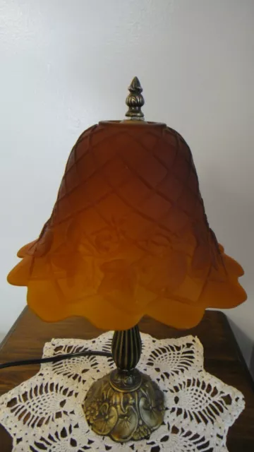 NOS Amber Etched Glass Lattice & Ivy Design Lamp Shades with 1-5/8" fitter hole