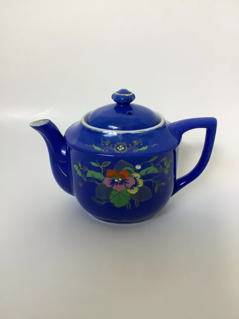 Vintage Hand Painted Ceramic Tea Pot Floral Made In Japan Lid Blue Gold Trim