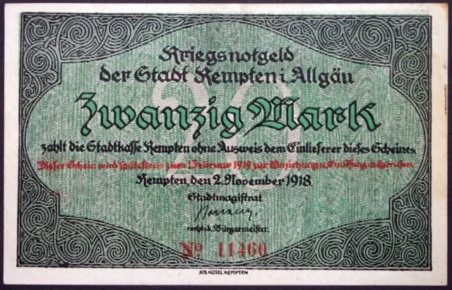 KEMPTEN 1918 20 Mark Grossnotgeld German Notgeld Banknote Bavaria