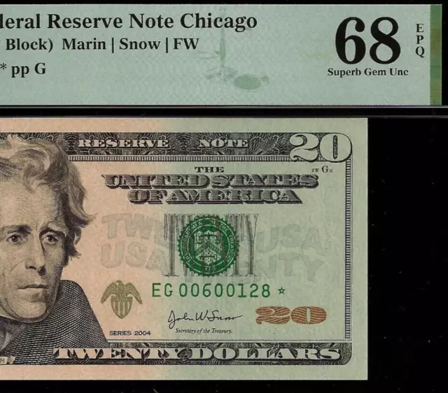 2004 $20 Federal Reserve Note Star PMG 68EPQ 2nd highest graded Chicago star