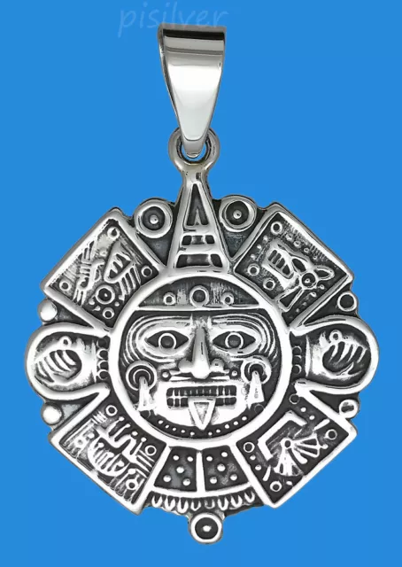 925 Sterling Silver Large Aztec Mexica Calendar Sun Stone Charm Pendant