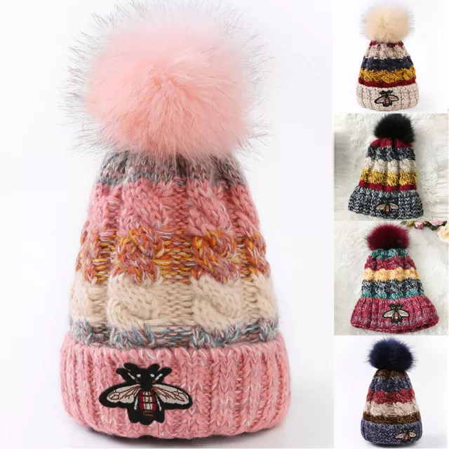 Women Pom Pom Bobble Beanie Hat Warm Knitted Crochet Wooly Woolen Ski Cap Winter