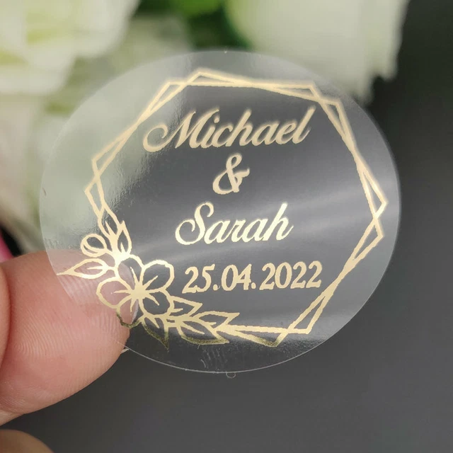 PERSONALISED CLEAR GOLD Wedding Stickers/Labels Envelopes Seals Sticker