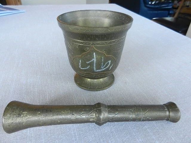 Antique Solid Brass Mortar & Pestle Pharmacy /Herb/Spice Apothecary Set