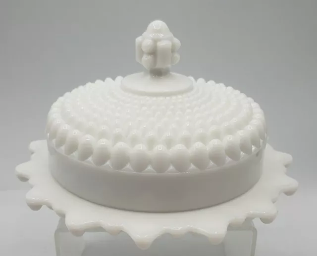 EAPG Pattern Glass Hobnail with Ball Feet Opaque White Milk Glass Butter Dish 2