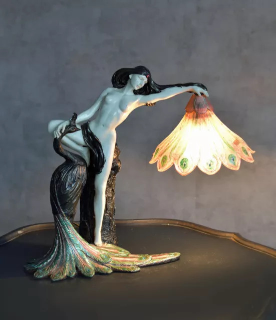 Tischlampe Jugendstil Leuchte Frauenakt Tischleuchte Lampe Pfau Nachttischlampe 2