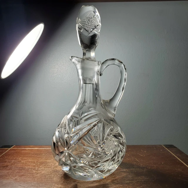 Antique American Brilliant ABP Hand Cut Oil Jug w/ Stopper Signed 6V 7 1/2" Tall