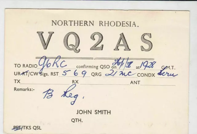 Vintage QSL Radio communication card northern rhodesia 1958 ref 18605