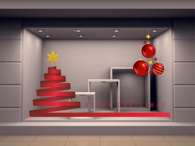 Vetrofania Natalizia Con Albero, Fiocchi E Scritta Merry Christmas - Adesivo Per Vetrine (Modello V26R)