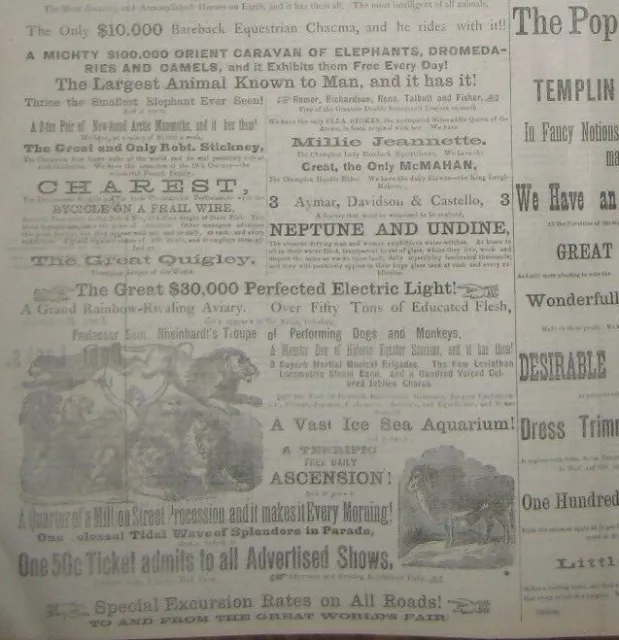 1881, Mount Pleasant, Iowa Newspaper, Large Barrett & Co. Illustrated Circus Ad 3