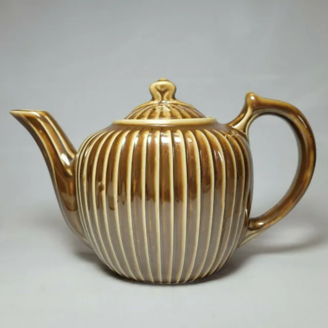 Lusterware Tea Pot Fraunfelter Ohio Royal Rochester Brown Striped MCM Vintage