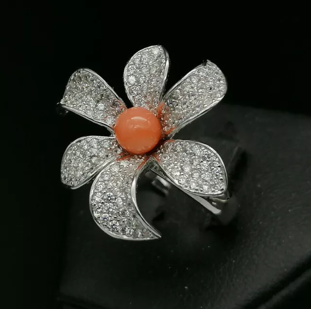 Bague pour Femme Vrai Corail Rose Naturel Argent 925 Bande Réglable