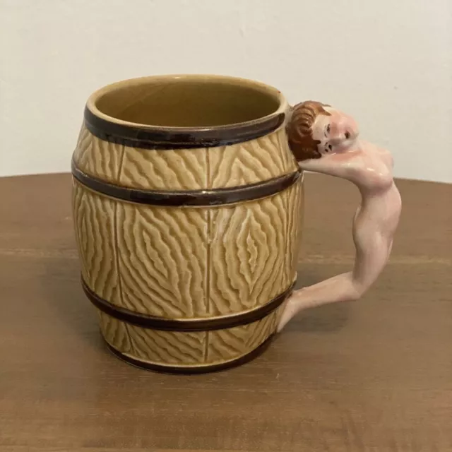 VINTAGE CASTLE BRAND Novelty Ceramic Beer Barrel Mug W/ Nude Lady