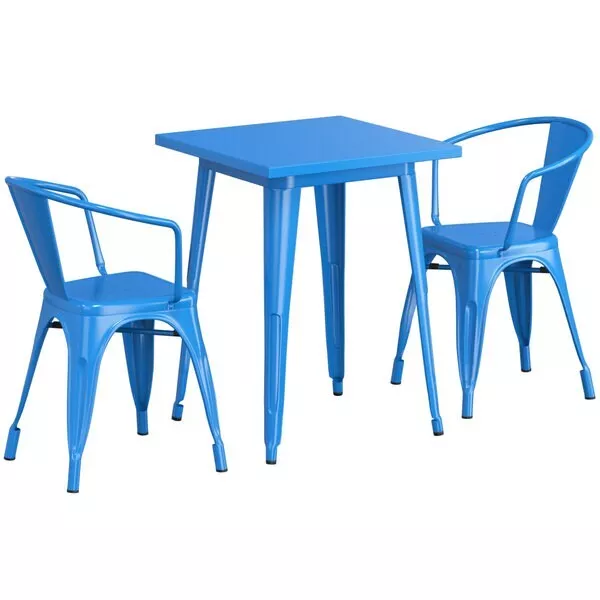 23.5'' Square Blue Metal Restaurant Table Set with 2 Armchairs For Outdoor Use 3