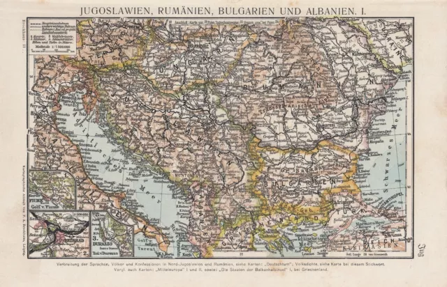 Landkarte map Lithografie 1926: Jugoslawien Rumänien Bulgarien Albanien I/II.