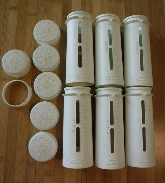 Vintage Playtex baby bottle nurser drop in liner style 1970's with lids lot of 6