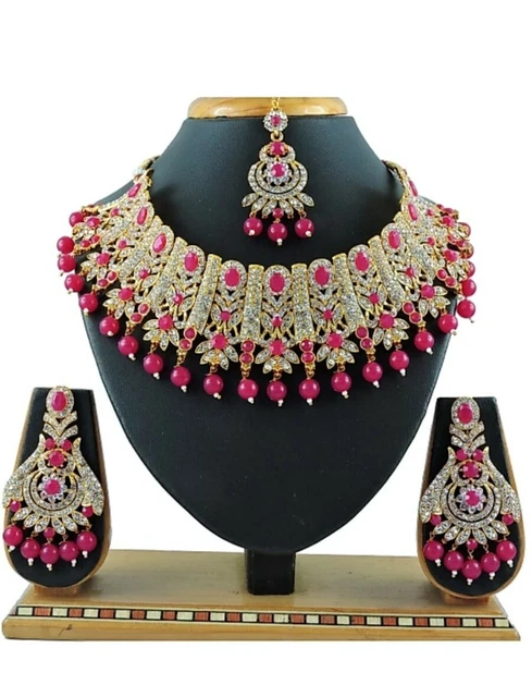 New Indian Traditional Wedding Gold Plated Diamond Pearl Stud Choker Jewelry Set