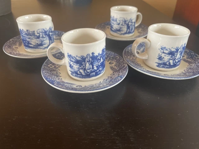 Lot De 4 Tasses à Café Avec Soucoupes FENA - Porcelaine Blanche Et Bleue - Occasion