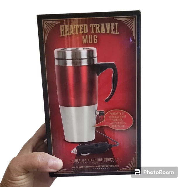 Heated Insulated Portable 15 oz Travel Mug 12V Auto Adapter Stainless Steel