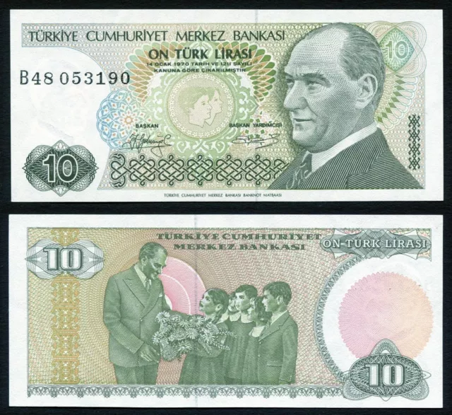 Turkey 10 lira 1979 President Kemal Ataturk & Children P192(2) Short Eyelash UNC