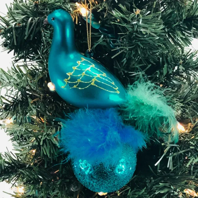 Teal Glass Bird on Ball Ornament with Feathers Holiday Tree Christmas 6in