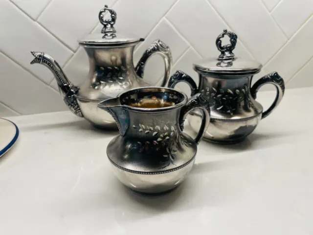 The New England Silverplate company Tea pot, creamer, sugar- Silverplate