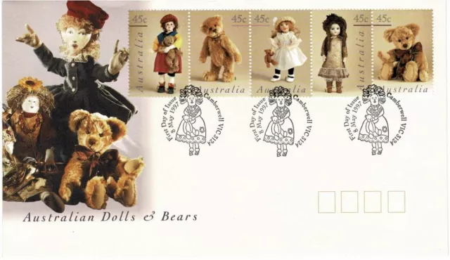 Australia 1997 Dolls & Teddy Bears Strip Of 5 First Day Cover Pictorial Cancel