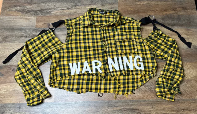 Fashion Nova Plaid Button Up Crop Top Women’s Size XL Long Sleeve “Warning”