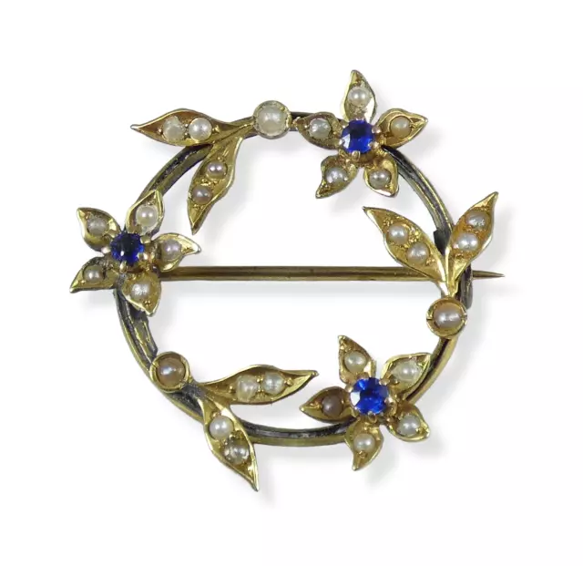 Antique Victorian 1890 15ct Yellow Gold Seed Pearl Flower Wreath Brooch Pin Blue